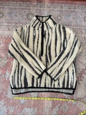 Anthropologie Cream and Blue Striped Fuzzy Pullover